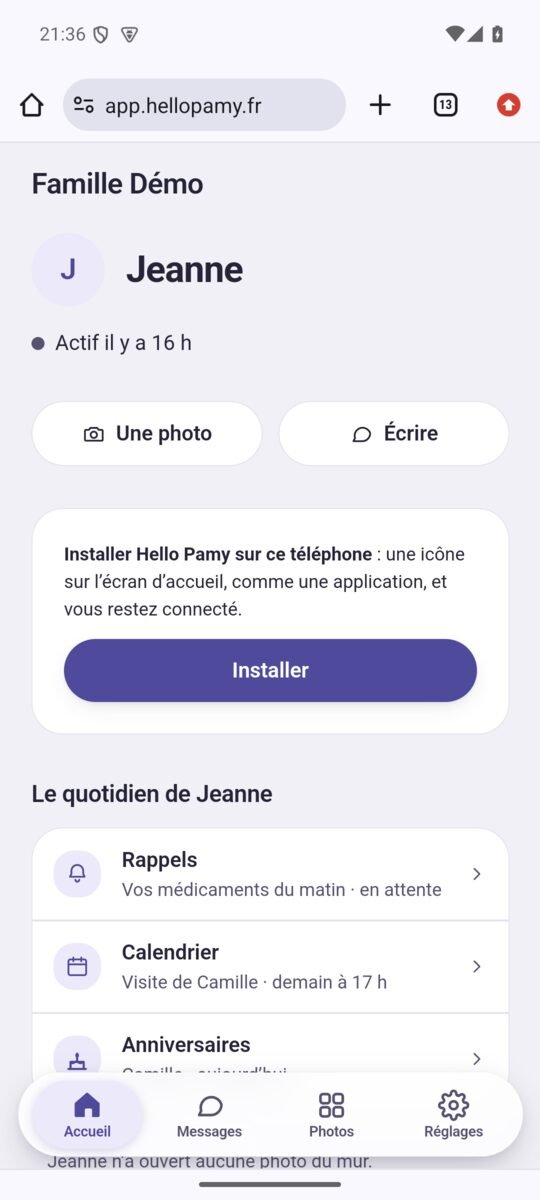 L’accueil de Hello Pamy dans Chrome, avec la carte « Installer Hello Pamy sur ce téléphone ».