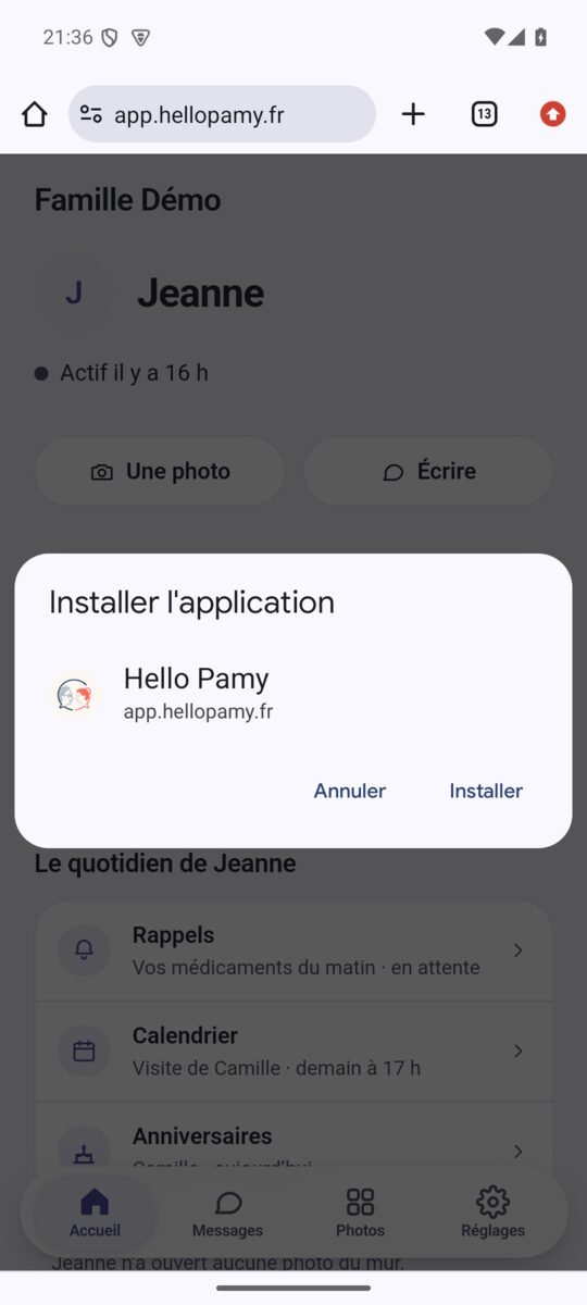 La fenêtre de Chrome « Installer l’application » avec l’icône de Hello Pamy.