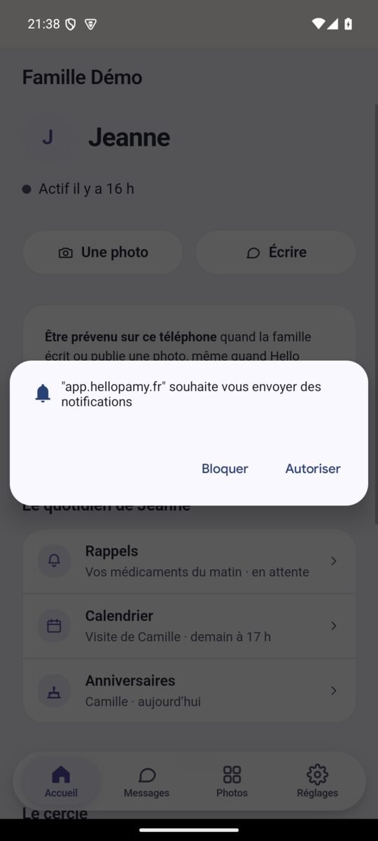 La demande de Chrome : le site souhaite vous envoyer des notifications, avec les boutons Bloquer et Autoriser.