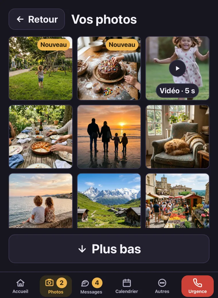 L'écran « Vos photos » sur iPad : neuf photos et vidéos de la famille, dont deux marquées « Nouveau » et une vidéo de 5 secondes, et un bouton « Plus bas » pour voir la suite.
