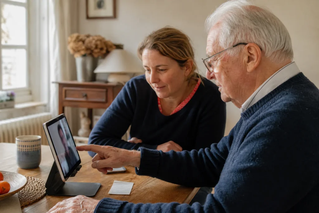 Un père utilise lui-même une tablette pendant que sa fille le guide.