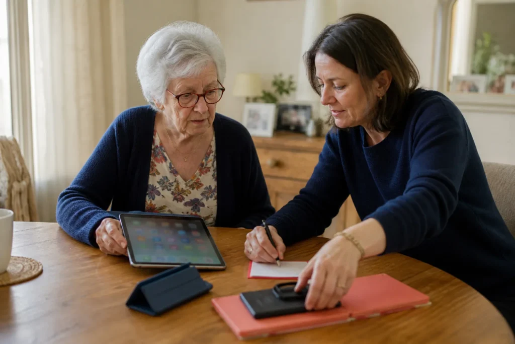 Une mère et sa fille simplifient ensemble les réglages d’une tablette.