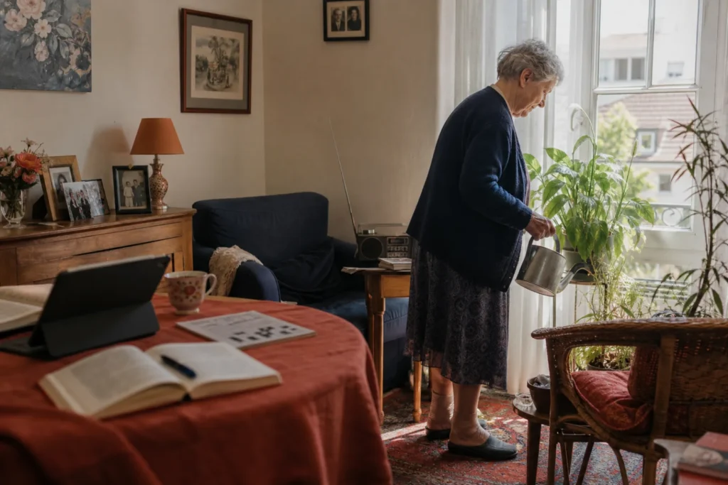 Une femme âgée arrose ses plantes dans un salon chaleureux.
