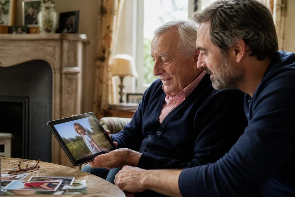 Un grand-père et son fils regardent ensemble une photo familiale sur une tablette.