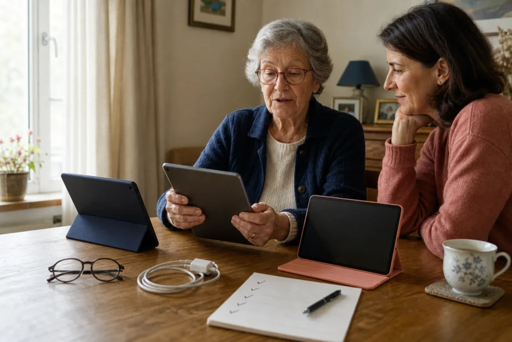 Une femme âgée compare plusieurs tablettes avec sa fille selon leur confort d’utilisation.