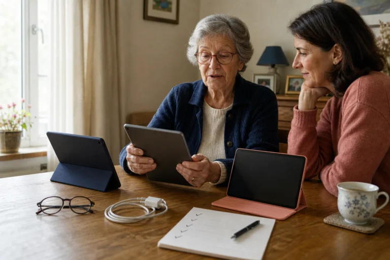 Une femme âgée compare plusieurs tablettes avec sa fille selon leur confort d’utilisation.