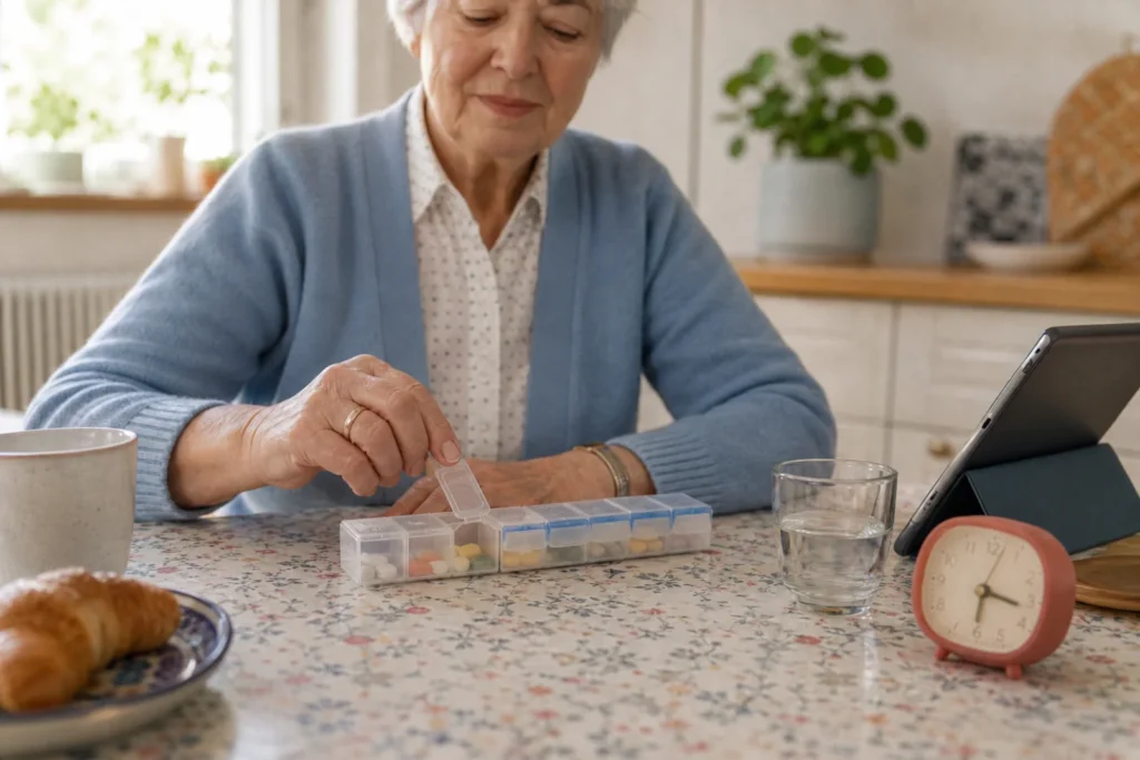 Une femme âgée utilise son pilulier hebdomadaire pendant sa routine du matin.