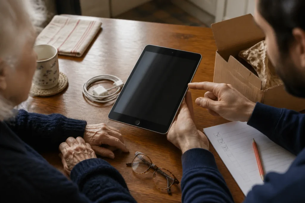 Un parent et son enfant examinent ensemble une tablette reconditionnée.