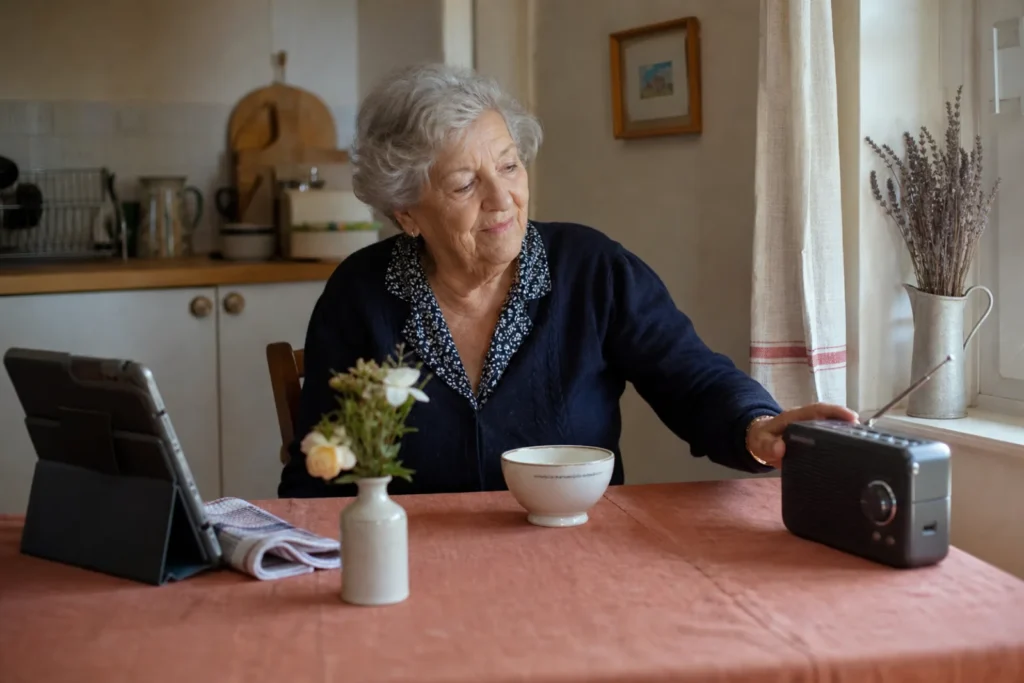 Une femme âgée écoute la radio dans sa cuisine, une tablette posée à proximité.