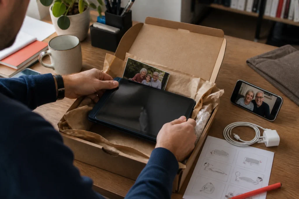 Une tablette préparée avec son chargeur et une fiche illustrée est emballée pour être envoyée.
