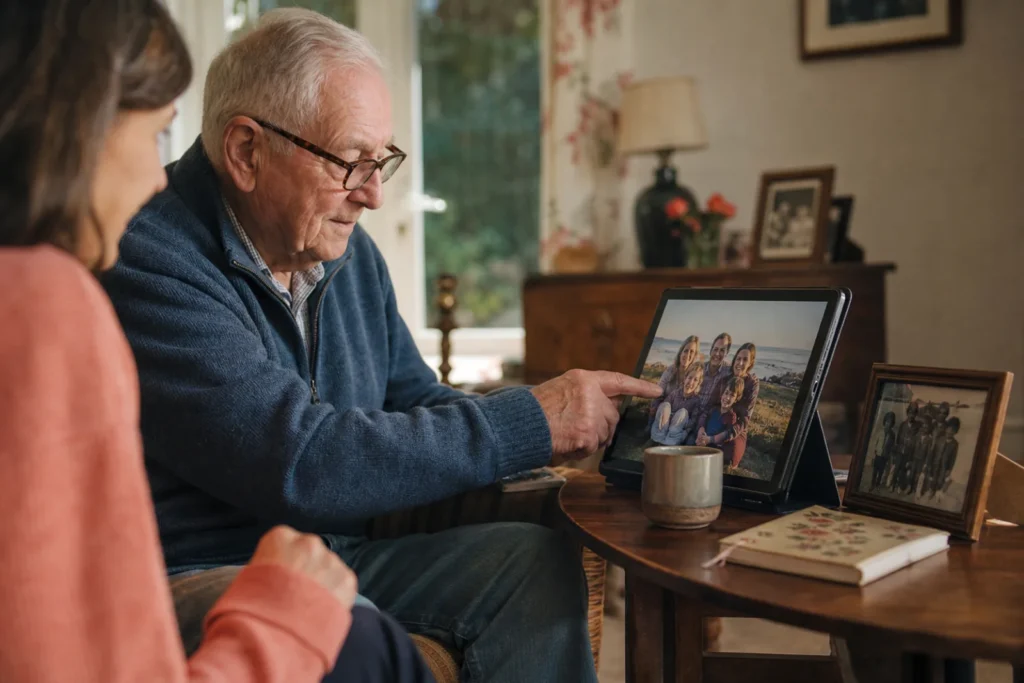 Un homme âgé regarde une photo de famille sur une tablette, accompagné par sa fille.